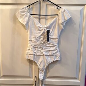 Lulu's White Ruched ruffle cap sleeve Bodysuit